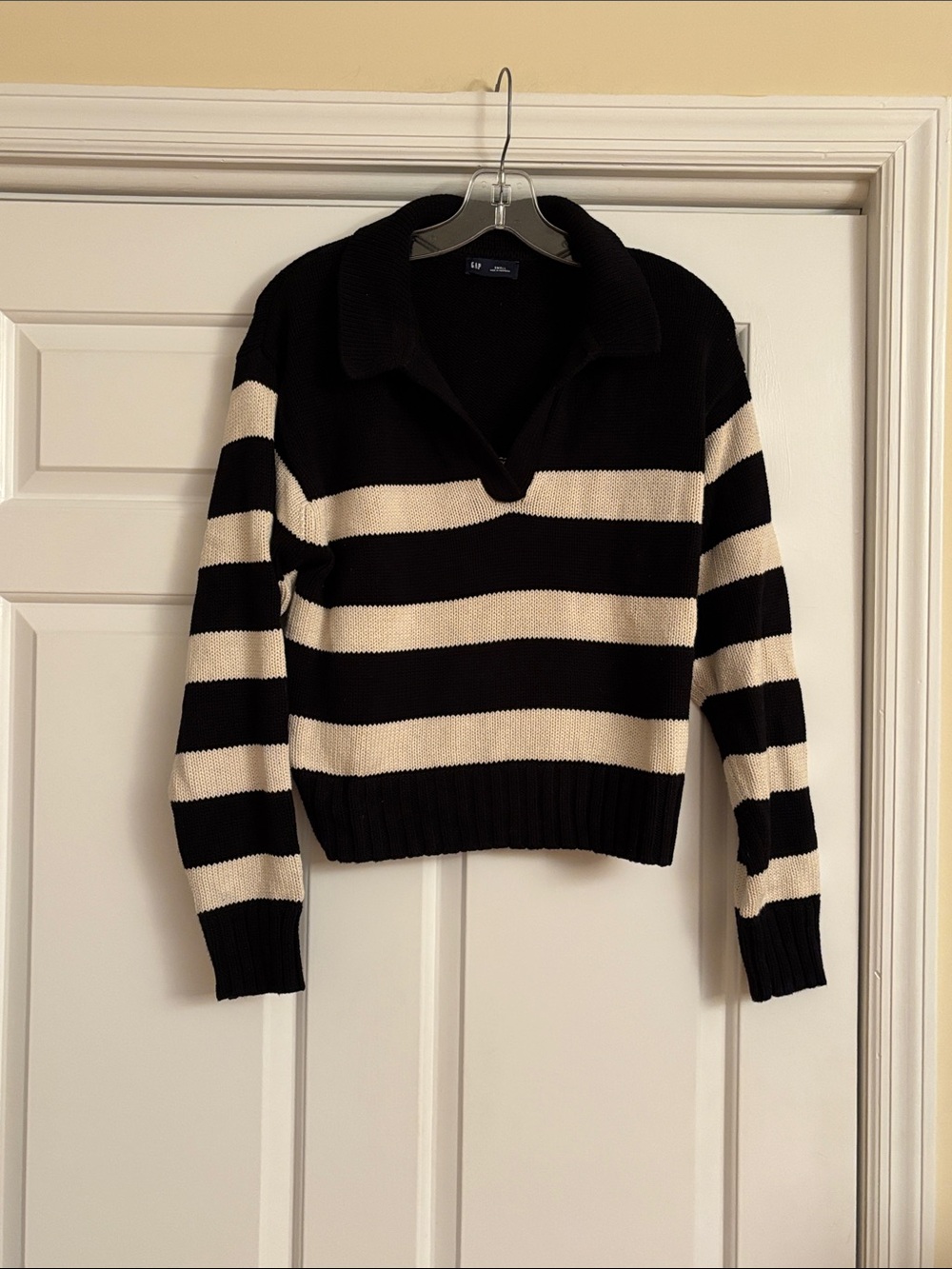 GAP Black & Cream Striped Collared Sweater